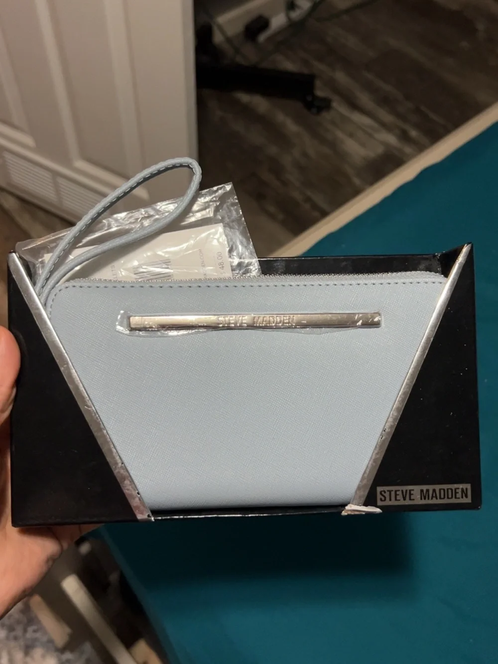 Steve Madden Pale Blue Wristlet Clutch with Silver Trim